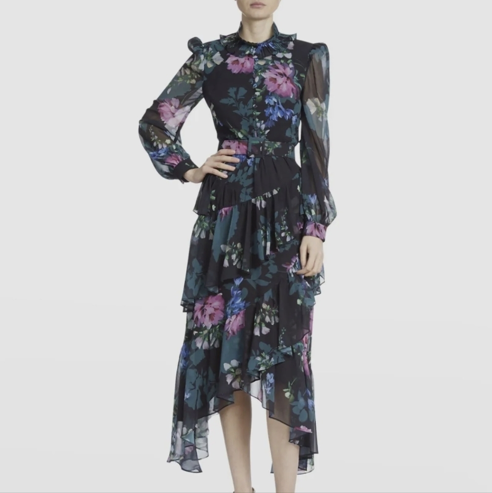 Badgley Mischka Women's Black Floral-Print Tiered Ruffled Dress Size 6